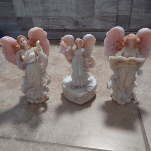Vintage Porcelain Angel Figurine Trio in Soft Pink and Cream (One Plays Music)